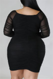 Zwart Casual Solid Patchwork Off-the-shoulder Lange mouw Grote maten jurken