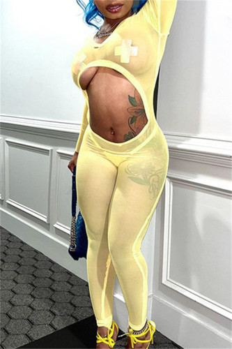 Yellow Sexy Solid Hollowed Out See-through V Neck Skinny Jumpsuits