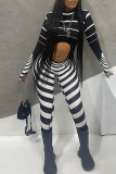 Black Sexy Striped Print Hollowed Out Patchwork Half A Turtleneck Skinny Jumpsuits