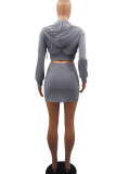 Grey Casual Solid Patchwork Zipper Hooded Collar Long Sleeve Two Pieces