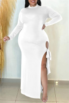 White Casual Solid Bandage Hollowed Out Slit Half A Turtleneck Long Sleeve Dresses