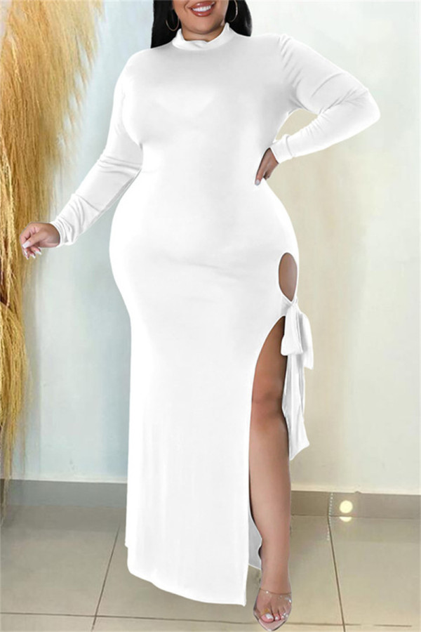 Vestidos Casuais Brancos Sólidos Com Fenda Escavada Meia Gola Vestidos de Manga Longa