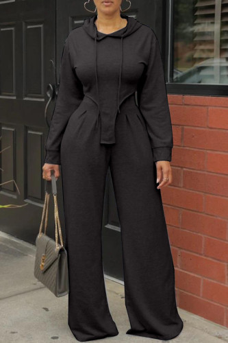 Black Casual Solid Asymmetrical Hooded Collar Long Sleeve Two Pieces