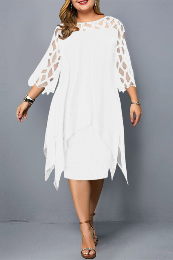 ホワイト カジュアル ソリッド パッチワーク O ネック ワンステップ スカート プラスサイズ ドレス