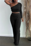 Black Casual Solid Backless Oblique Collar Long Sleeve Two Pieces