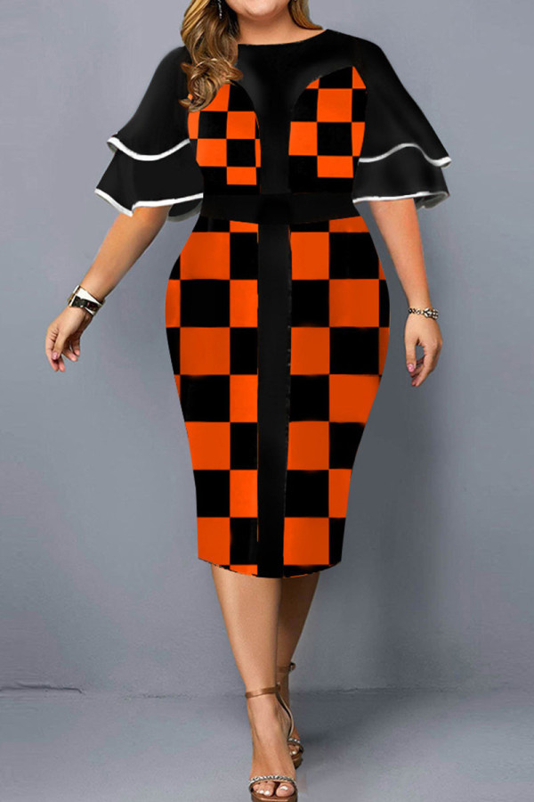 Черная оранжевая повседневная юбка в стиле пэчворк с воланами и круглым вырезом Платья больших размеров