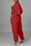 Red Casual Patchwork Asymmetrical O Neck Long Sleeve Two Pieces