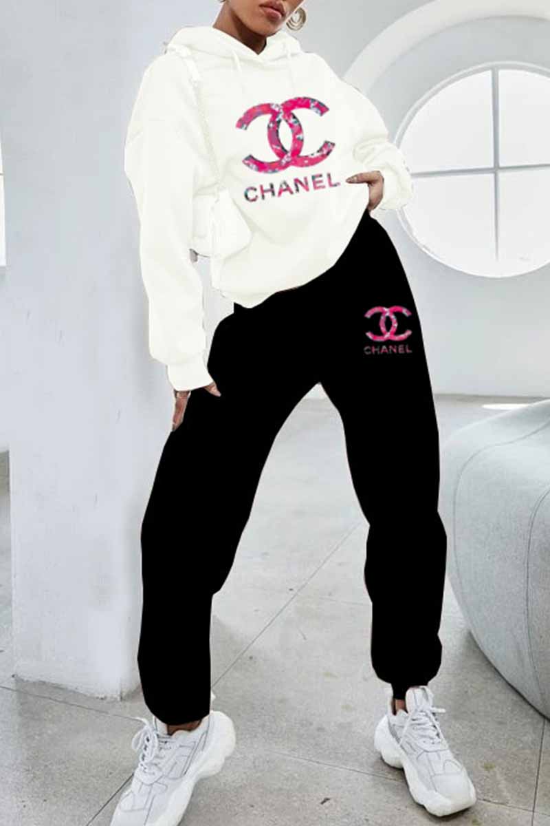 

White Street Print Letter Hooded Collar Long Sleeve Two Pieces