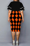 ブラック オレンジ カジュアル プリント パッチワーク フラウンス O ネック ワンステップ スカート プラスサイズ ドレス