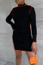 Черное красное сексуальное сплошное лоскутное платье с разрезом на половину водолазки и юбкой-карандаш