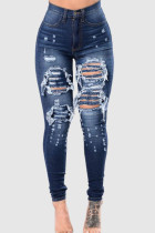 Diepblauwe casual Street Solid gescheurde uitgeholde patchwork hoge taille denim jeans