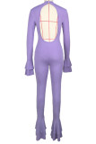 Фиолетовые сексуальные однотонные лоскутные комбинезоны с открытой спиной и круглым вырезом