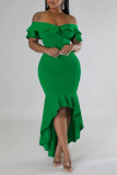 Grüne sexy feste Patchwork-Volant-asymmetrische schulterfreie Kleider