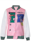Pink Casual Letter Patchwork Cardigan Plus Size Overcoat
