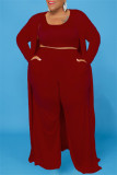 Cardigan solido casual rosso gilet pantaloni o collo plus size due pezzi