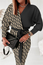 Черный цвет хаки Повседневные платья в стиле пэчворк с V-образным вырезом и длинными рукавами
