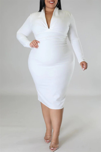 White Casual Solid Patchwork V Neck Long Sleeve Plus Size Dresses