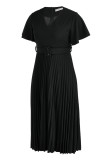 Schwarze, lässige, elegante, solide Patchwork-Kleider mit O-Ausschnitt und A-Linie
