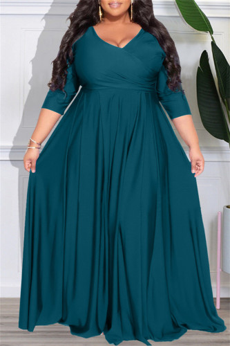 Lake Blue Casual Solid Patchwork V Neck Long Sleeve Plus Size Dresses