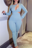 Blue Sexy Casual Solid Hollowed Out O Neck Skinny Jumpsuits
