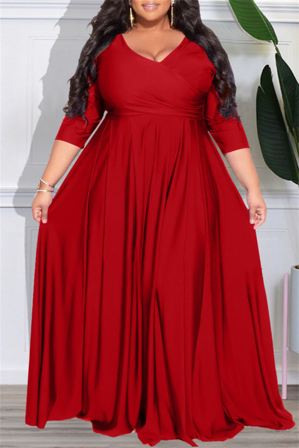 赤 カジュアル ソリッド パッチワーク Vネック 長袖 プラスサイズ ドレス