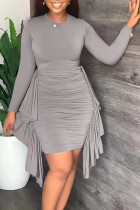 Grey Casual Solid Patchwork Flounce Fold O Neck One Step Skirt Dresses