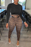 Black Sexy Print Bandage Patchwork O Neck Long Sleeve Two Pieces