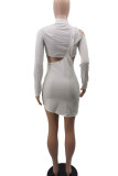 White Sexy Solid Hollowed Out Patchwork Asymmetrical O Neck Pencil Skirt Dresses