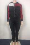 Black Casual Patchwork Contrast Hooded Collar Plus Size Two Pieces
