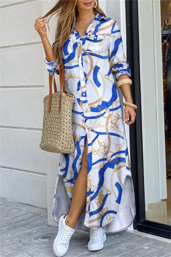 Бело-синее повседневное платье-рубашка в стиле пэчворк с отложным воротником