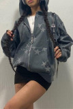 Grey Casual Print The stars Patchwork Hooded Collar Outerwear