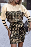 Black Gray Casual Print Patchwork O Neck Long Sleeve Dresses