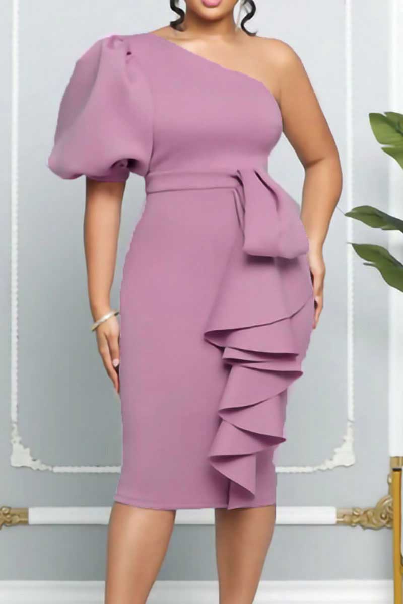 

Light Purple Celebrities Solid Patchwork Flounce Oblique Collar Dresses