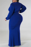 ブルー カジュアル ソリッド パッチワーク Vネック ロングスリーブ プラスサイズ ドレス