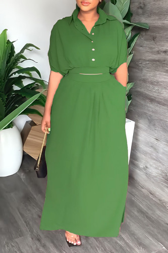 Green Casual Solid Patchwork Buckle Turndown Collar Short Sleeve Two Pieces