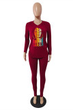 Burgundy Casual Print Patchwork V Neck Long Sleeve Two Pieces