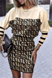 Coffee Casual Print Patchwork O Neck Long Sleeve Dresses