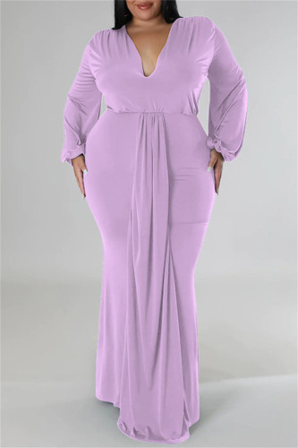 Light Purple Casual Solid Patchwork V Neck Long Sleeve Plus Size Dresses