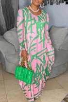 Розово-зеленые повседневные платья с длинным рукавом и круглым вырезом в стиле пэчворк с принтом