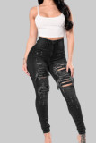 Black Casual Street Solid Ripped Hollowed Out Patchwork High Waist Denim Jeans