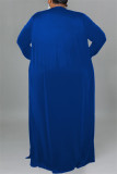 Blauw Casual Solid Cardigan Vesten Broek O-hals Plus Size Two Pieces