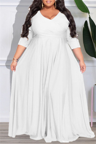 White Casual Solid Patchwork V Neck Long Sleeve Plus Size Dresses