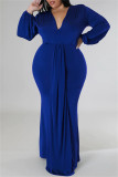 Blue Casual Solid Patchwork V Neck Long Sleeve Plus Size Dresses