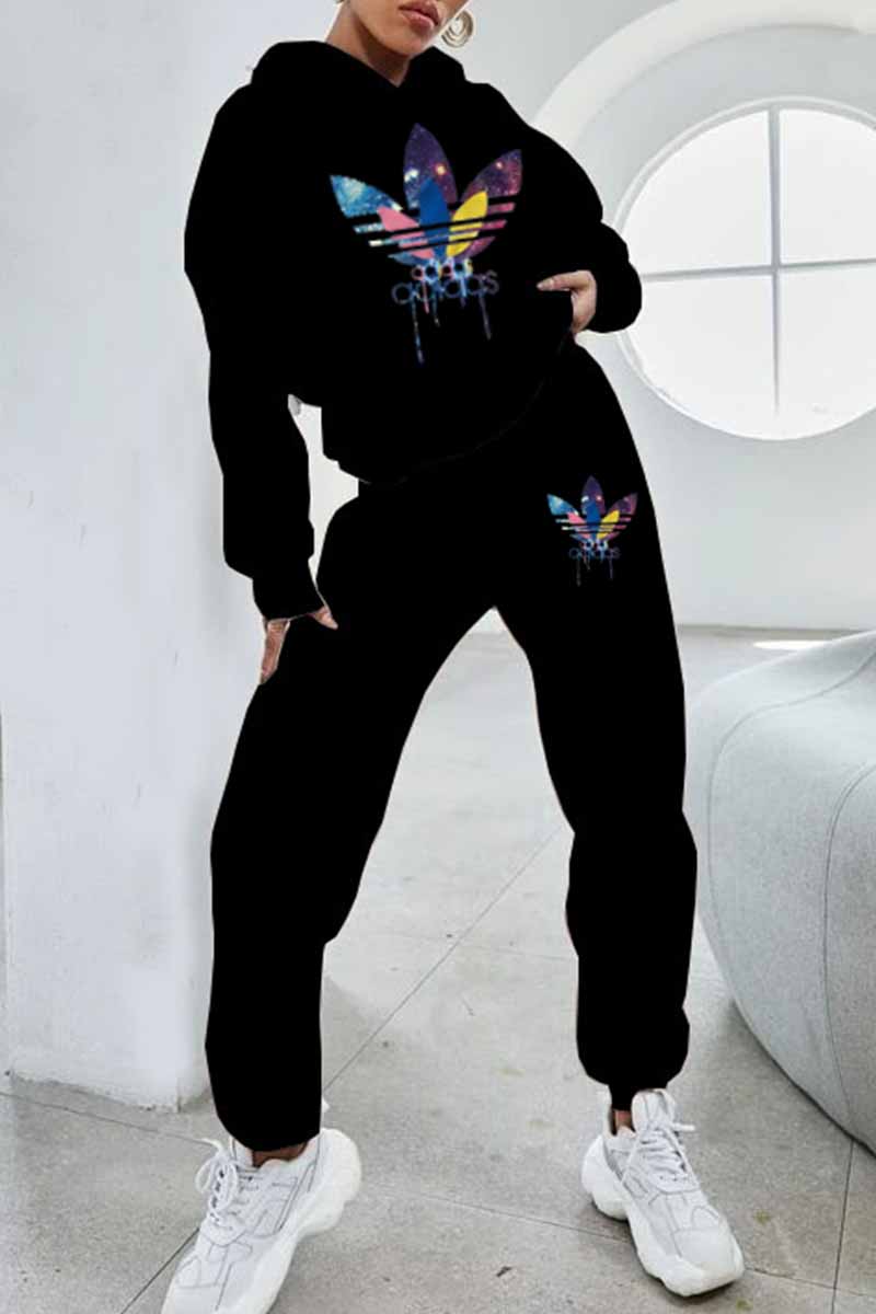 

Black Street Print Letter Hooded Collar Long Sleeve Two Pieces