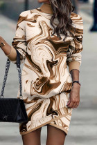 Abrikoosbruine casual print patchwork coltrui jurken met lange mouwen