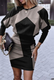 Coffee Casual Print Patchwork O Neck Long Sleeve Dresses