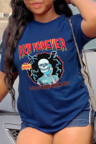 T-shirts décontractés bleu marine Street Skull Patchwork Lettre O Neck