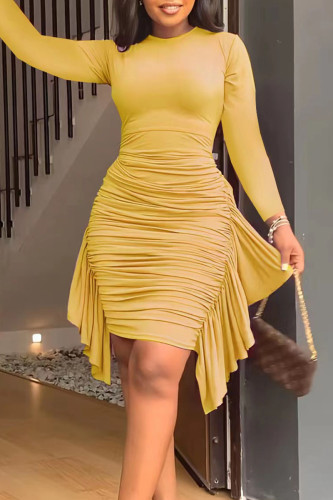 Yellow Casual Solid Patchwork Flounce Fold O Neck One Step Skirt Dresses