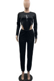 Black Casual Patchwork Asymmetrical O Neck Long Sleeve Two Pieces