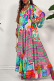 Flerfärgad Casual Print Patchwork V-hals långärmade klänningar